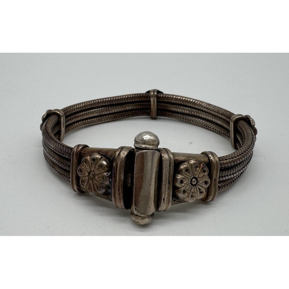 Vintage Sterling Silver 925 Multi Strand Wheat Chain Floral Medallion Bracelet